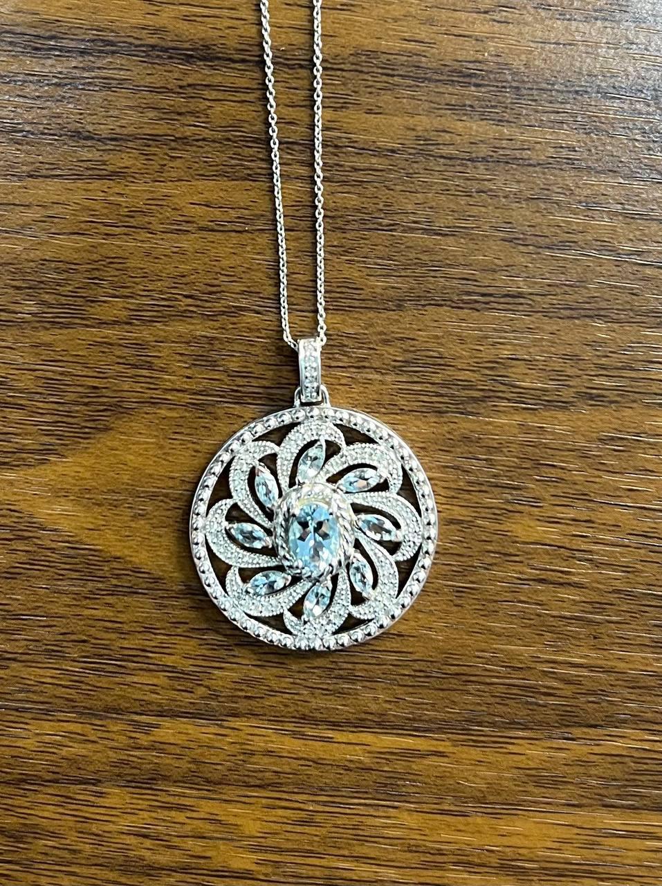 Women's Blue Aquamarine Floral Motif Diamond 14K White Gold Pendant Medallion Necklace For Sale
