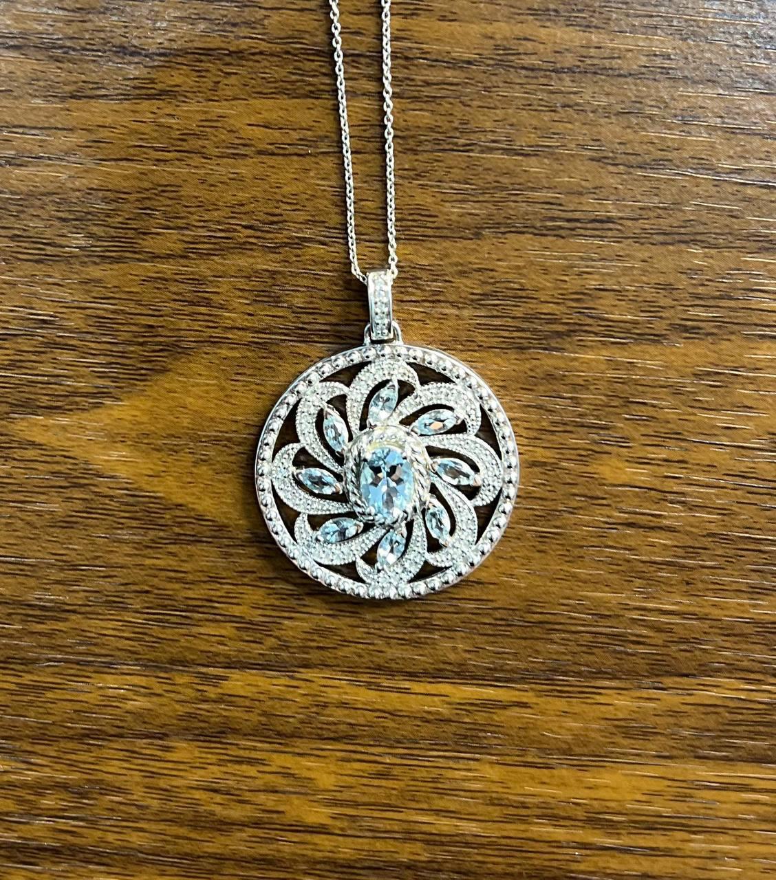Blue Aquamarine Floral Motif Diamond 14K White Gold Pendant Medallion Necklace For Sale 1
