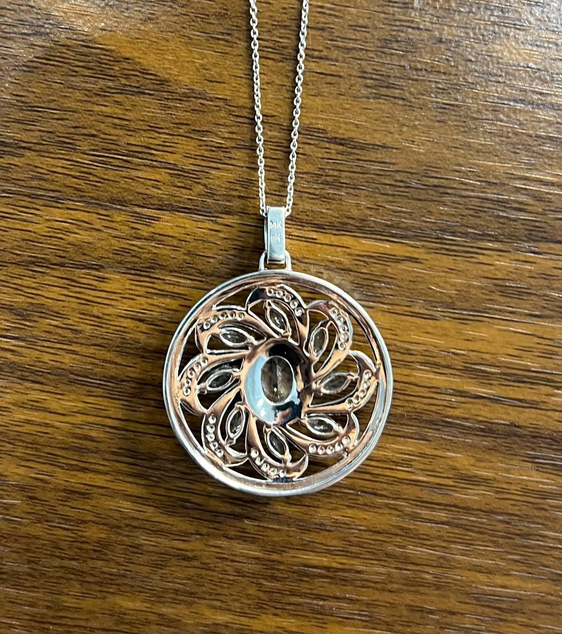 Blue Aquamarine Floral Motif Diamond 14K White Gold Pendant Medallion Necklace For Sale 2