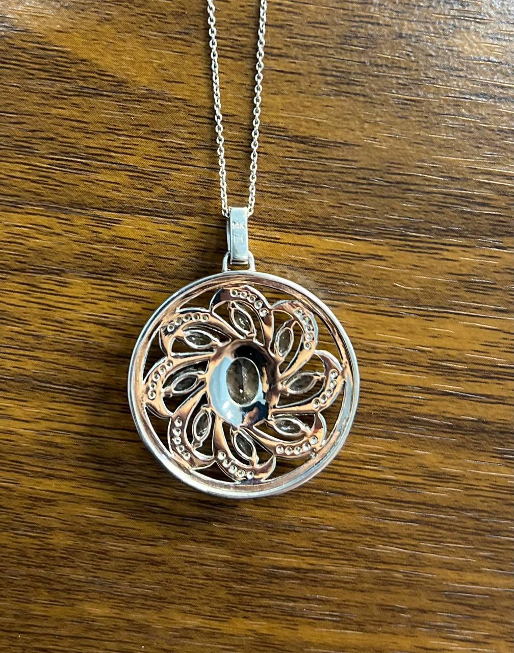 Blue Aquamarine Floral Motif Diamond 14K White Gold Pendant Medallion Necklace For Sale 3