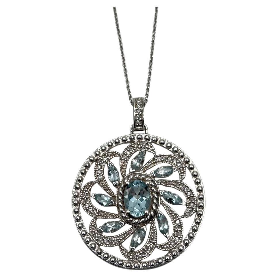 Blue Aquamarine Floral Motif Diamond 14K White Gold Pendant Medallion Necklace