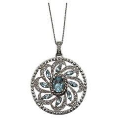 Blauer Aquamarin Blumenmotiv Diamant 14K Weißgold Anhänger Medaillon Halskette