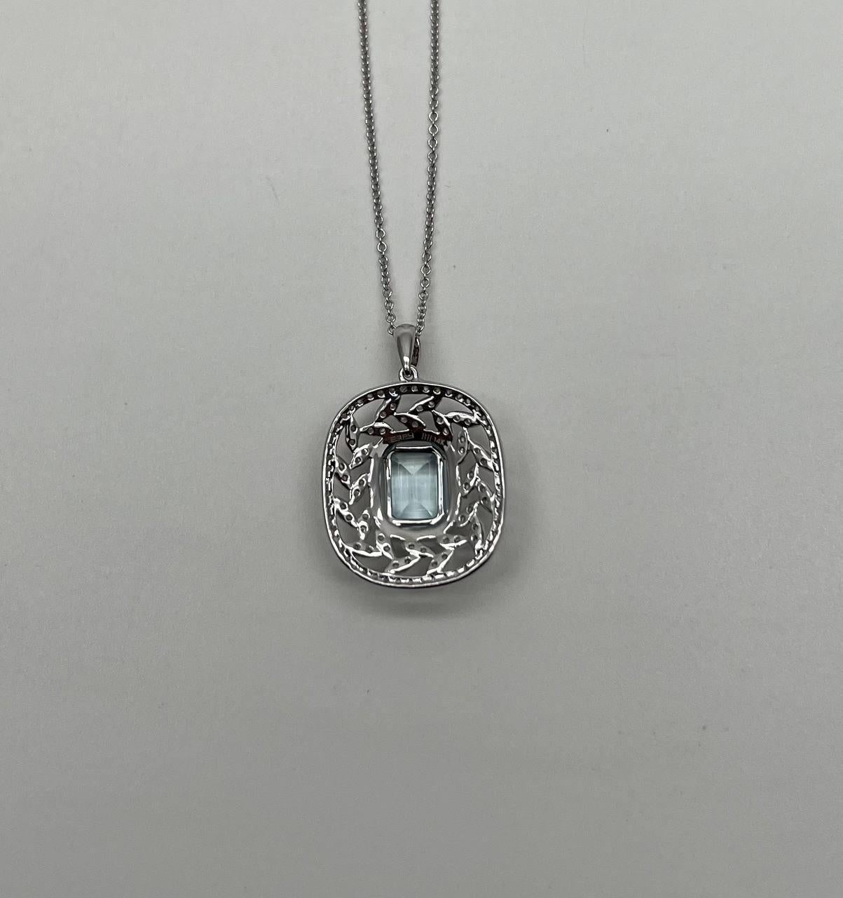 Blue Aquamarine Leaf Leaves Wreath Diamond Halo 14K White Gold Pendant Necklace In New Condition For Sale In Oakton, VA