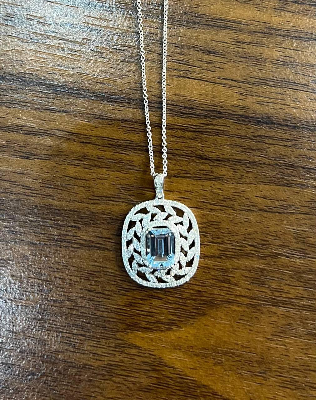 Women's Blue Aquamarine Leaf Leaves Wreath Diamond Halo 14K White Gold Pendant Necklace For Sale