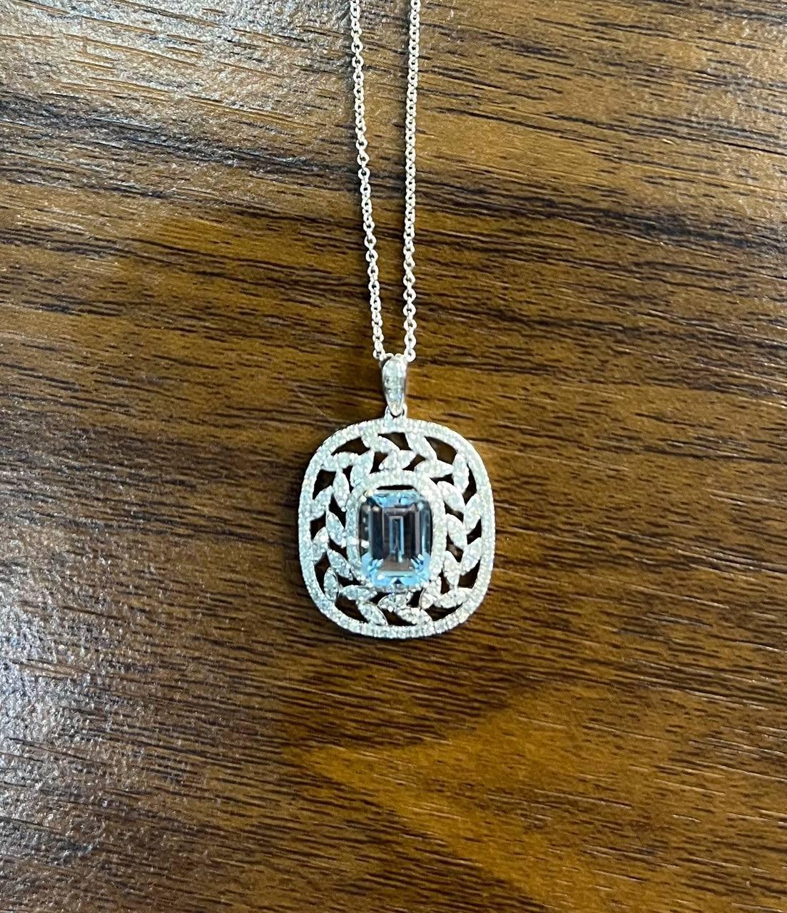 Blue Aquamarine Leaf Leaves Wreath Diamond Halo 14K White Gold Pendant Necklace For Sale 2