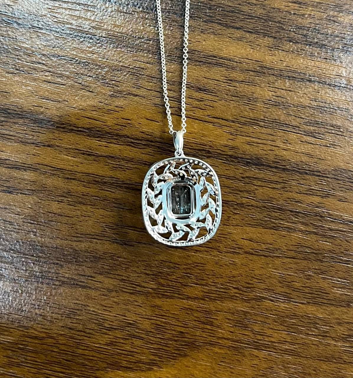 Blue Aquamarine Leaf Leaves Wreath Diamond Halo 14K White Gold Pendant Necklace For Sale 3