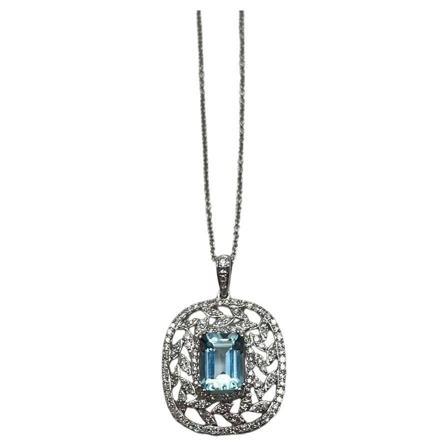 Blue Aquamarine Leaf Leaves Wreath Diamond Halo 14K White Gold Pendant Necklace