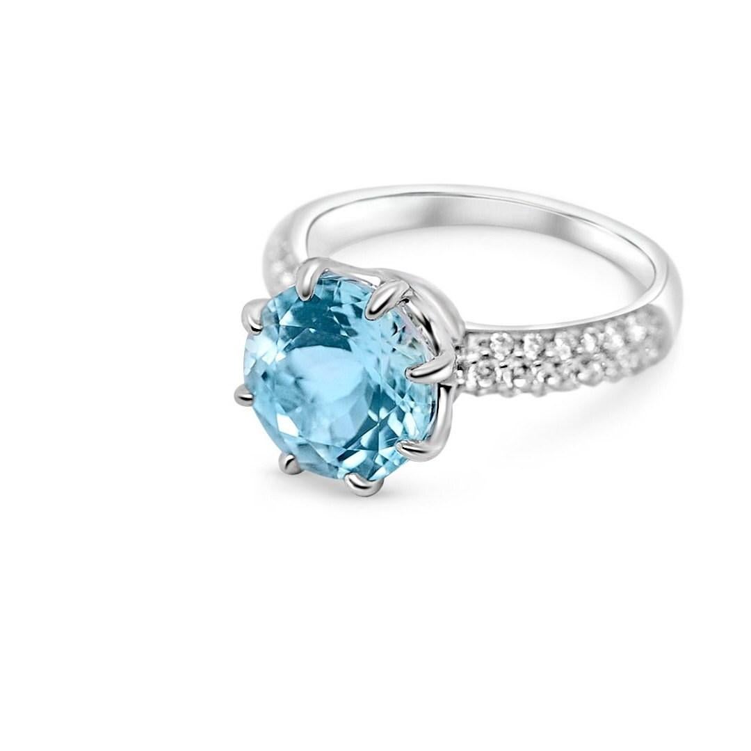 Round Cut Blue Aquamarine Ring, Minimalist Engagement Ring, Elegant Promise Ring, Gift Her For Sale