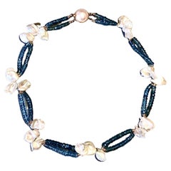 Blue aquamarine rondelles and Keishi pearls necklace, 14K yellow gold rondelles