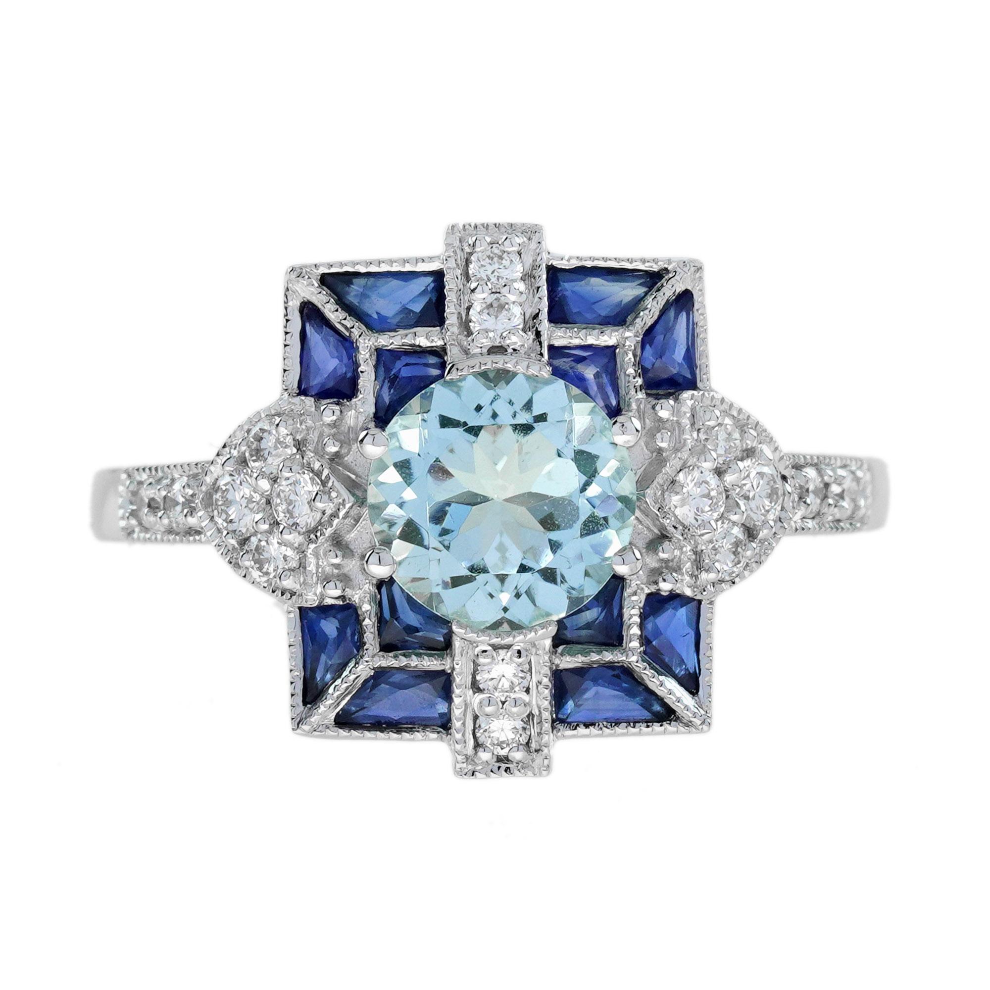 Si tratta di uno splendido anello con gemme blu che potrebbe essere anche un anello di fidanzamento unico. Realizzato in oro bianco 14 carati con uno stile e un design che ricordano l'epoca Art Deco, il design di questo anello presenta un