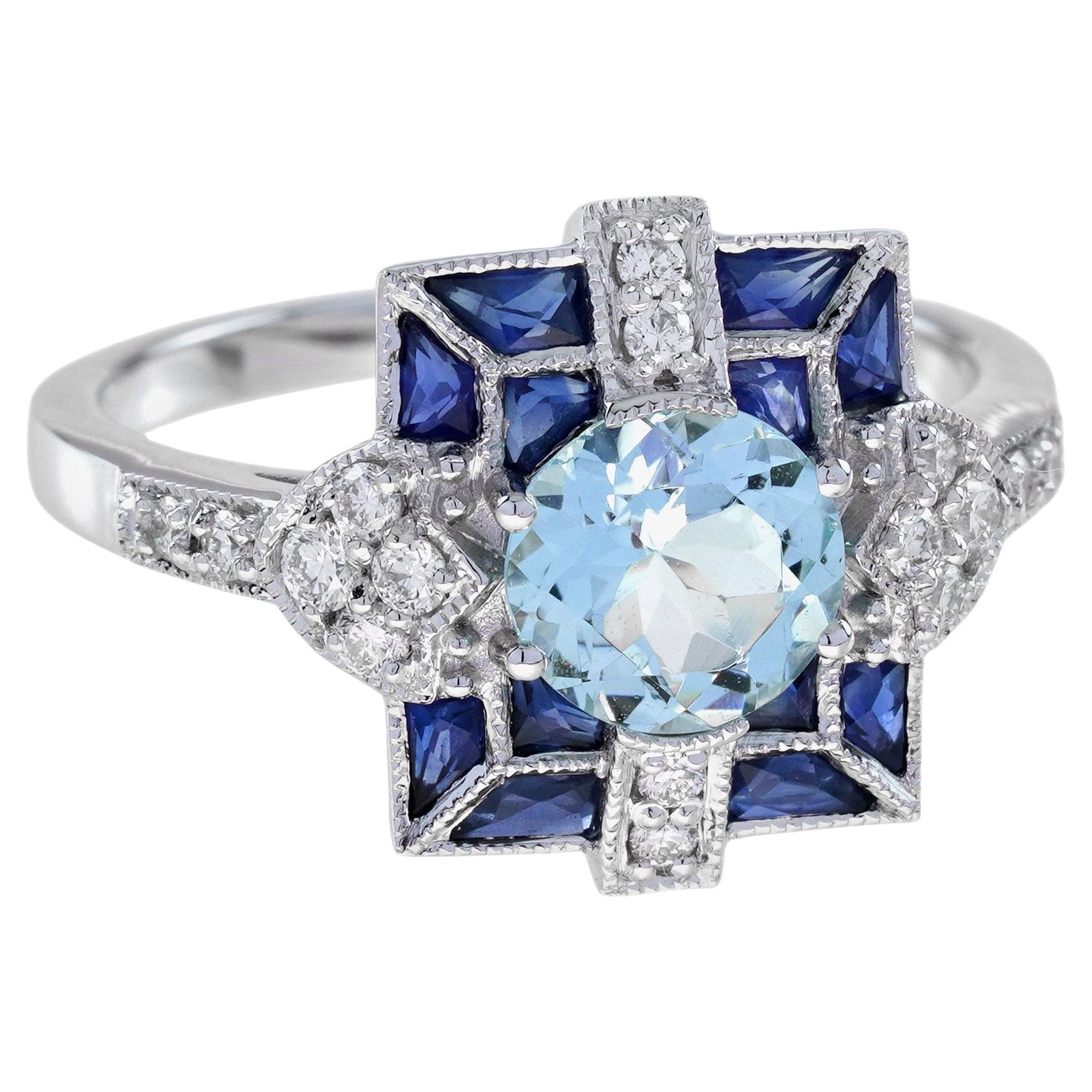 Anello in oro bianco stile Art Deco con acquamarina blu, zaffiro e diamanti
