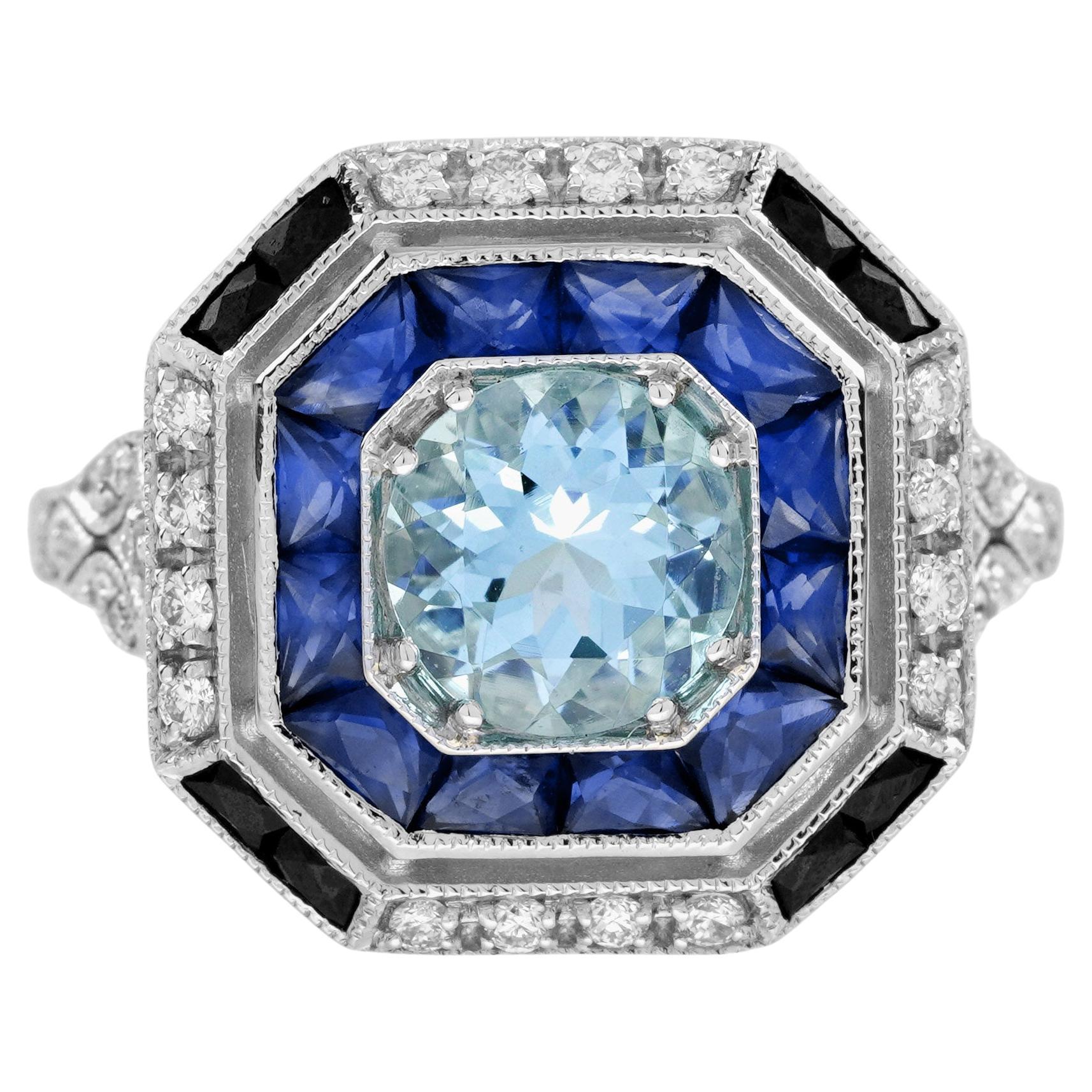 Anello in oro con acquamarina blu, zaffiro e diamante di ispirazione Art Deco Vintage