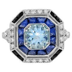Aguamarina azul y zafiro y diamante Anillo de oro estilo Art Decó de inspiración vintage
