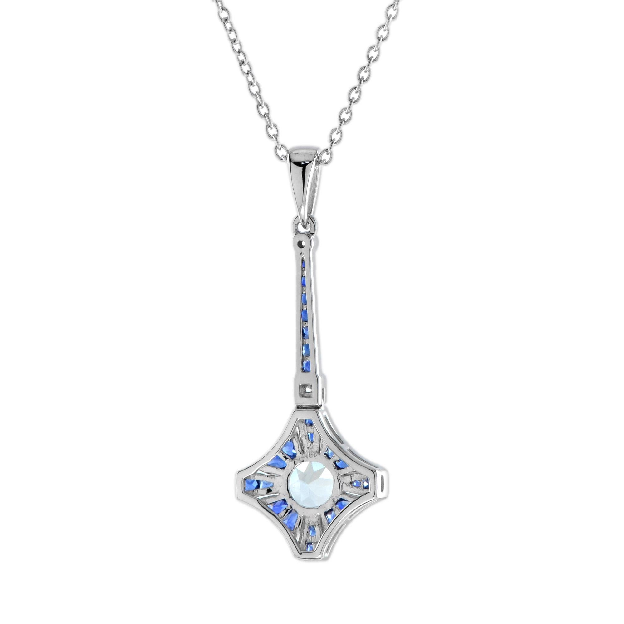 Round Cut Blue Aquamarine Sapphire Diamond Art Deco Style 18K White Gold Pendant Necklace For Sale