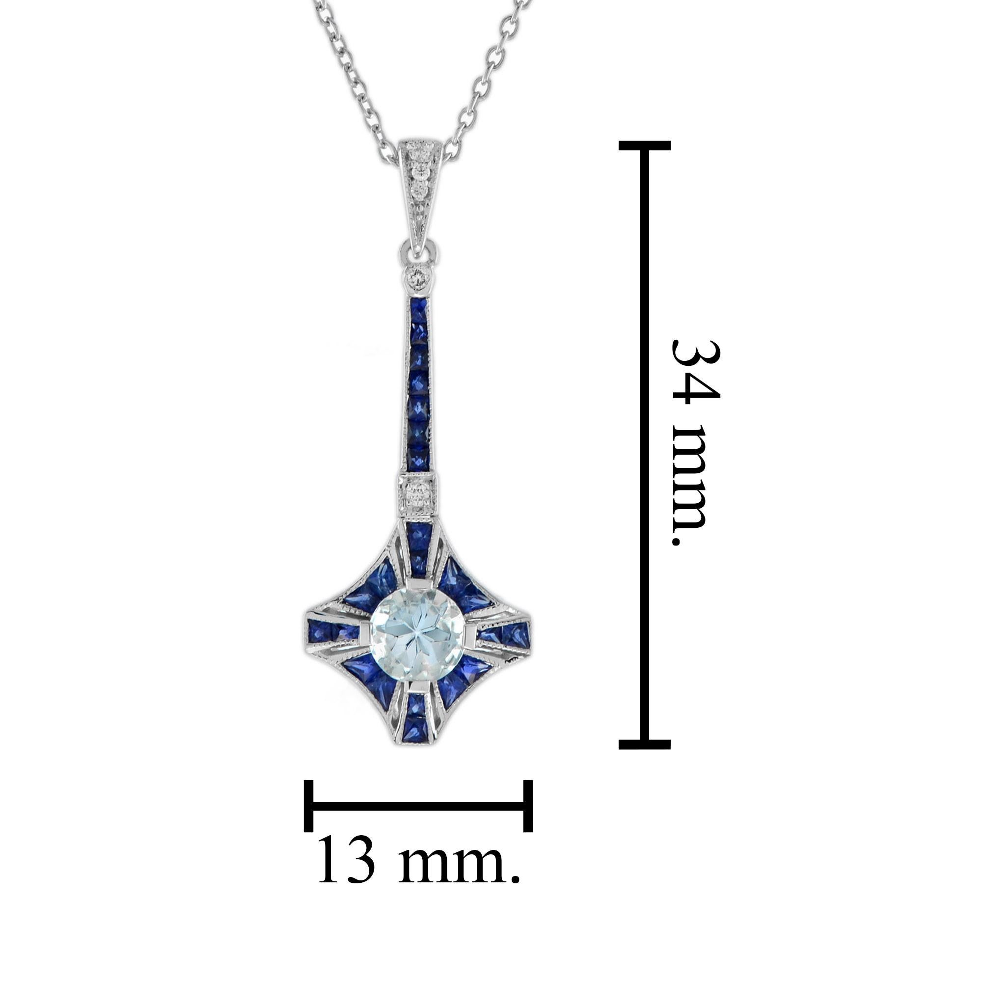 Women's Blue Aquamarine Sapphire Diamond Art Deco Style 18K White Gold Pendant Necklace For Sale
