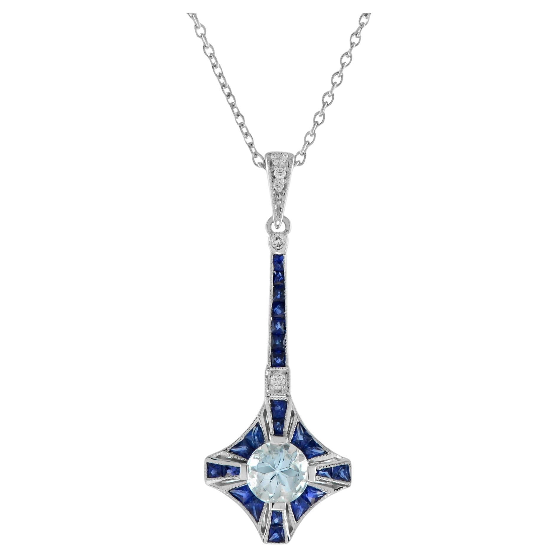 Blue Aquamarine Sapphire Diamond Art Deco Style 18K White Gold Pendant Necklace For Sale