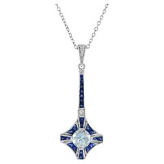 Blue Aquamarine Sapphire Diamond Art Deco Style 18K White Gold Pendant Necklace