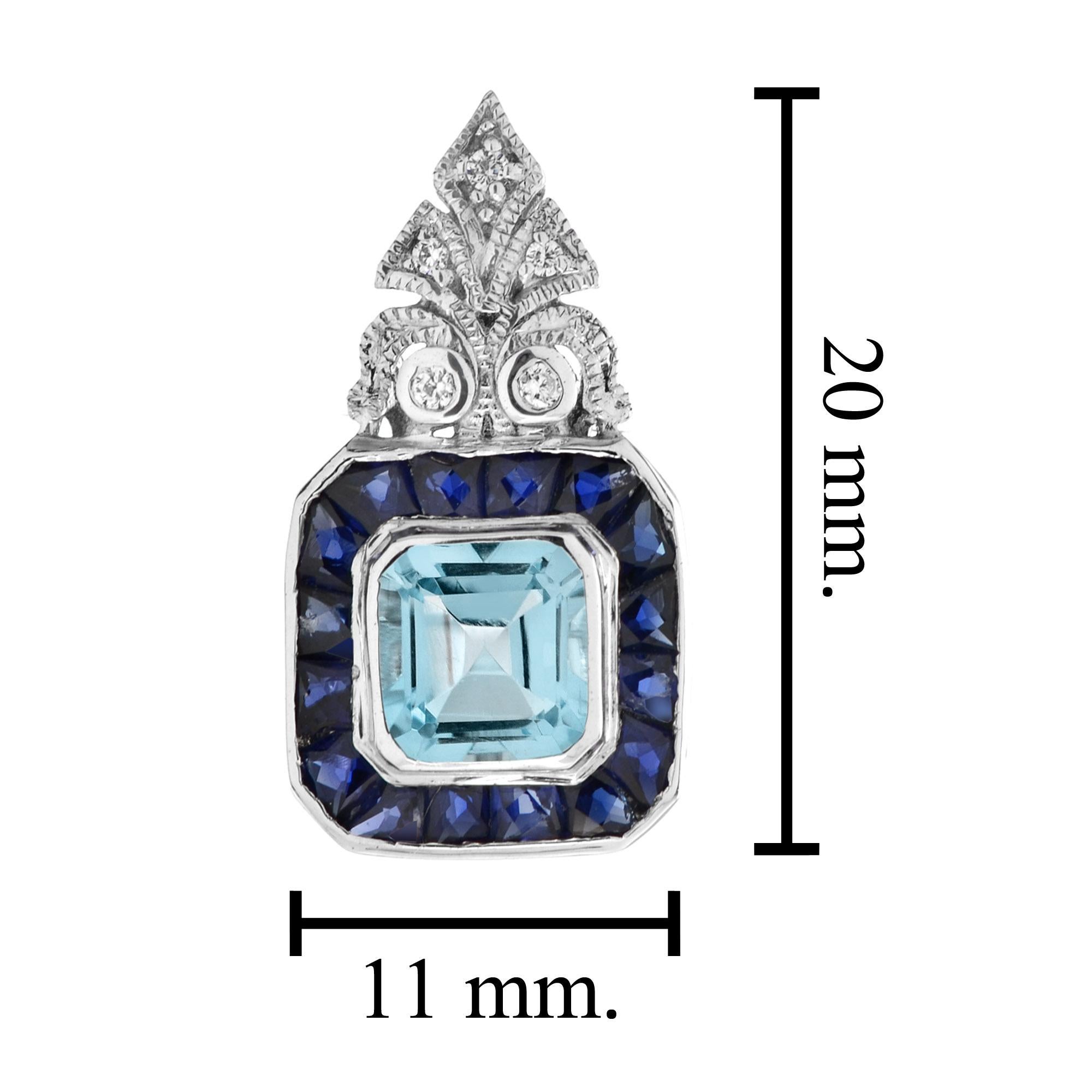 Blue Aquamarine & Sapphire Diamond Art Deco Style Stud 14K White Gold Earrings For Sale 1