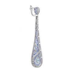 Blue Aquamarine Sapphire Diamond Swirl Art Deco Style Dangle White Gold Earrings