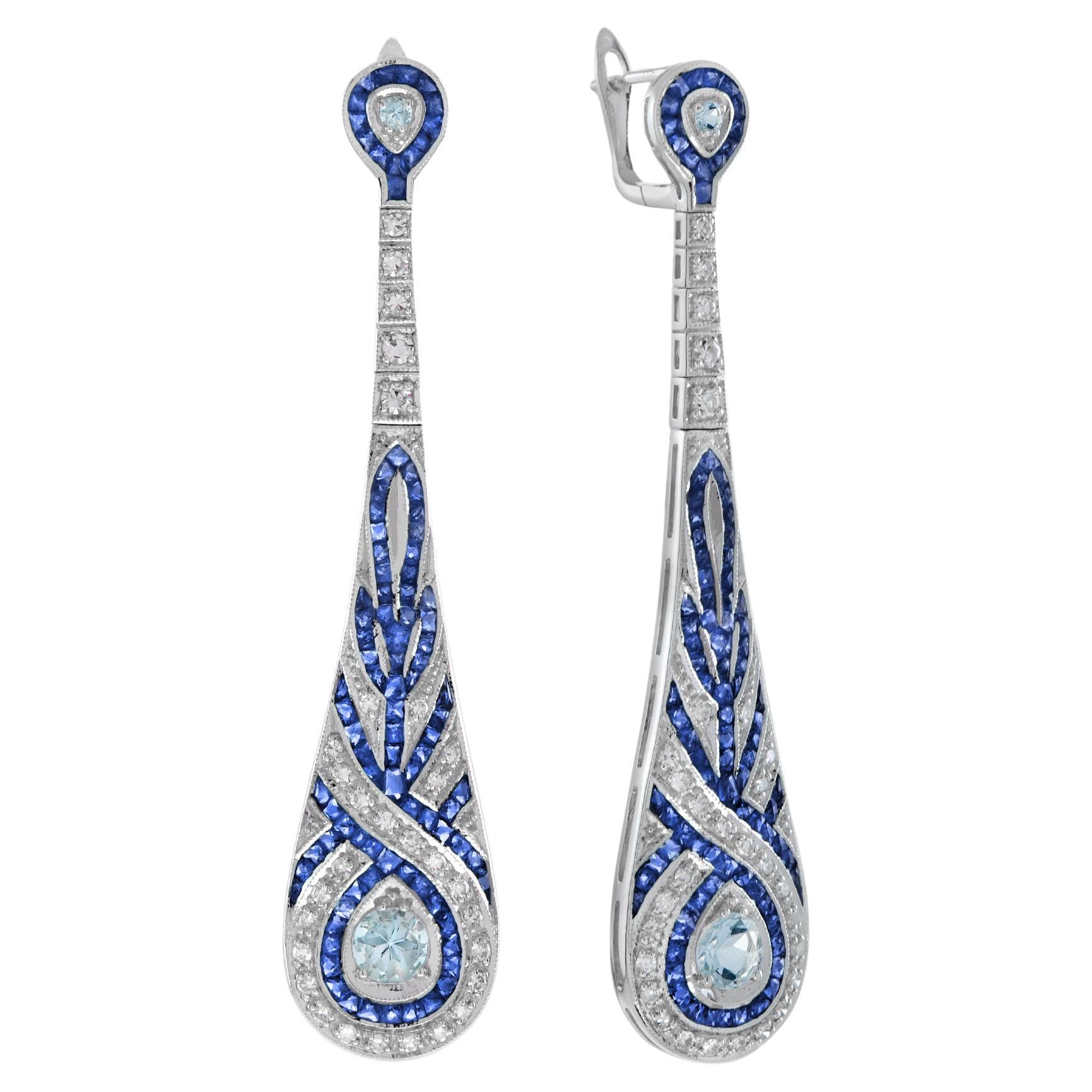 Blue Aquamarine Sapphire Diamond Swirl Art Deco Style Dangle White Gold Earrings For Sale