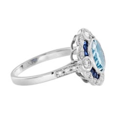 Blue Aquamarine Sapphire Diamond Vintage Inspired Art Deco Style White Gold Ring