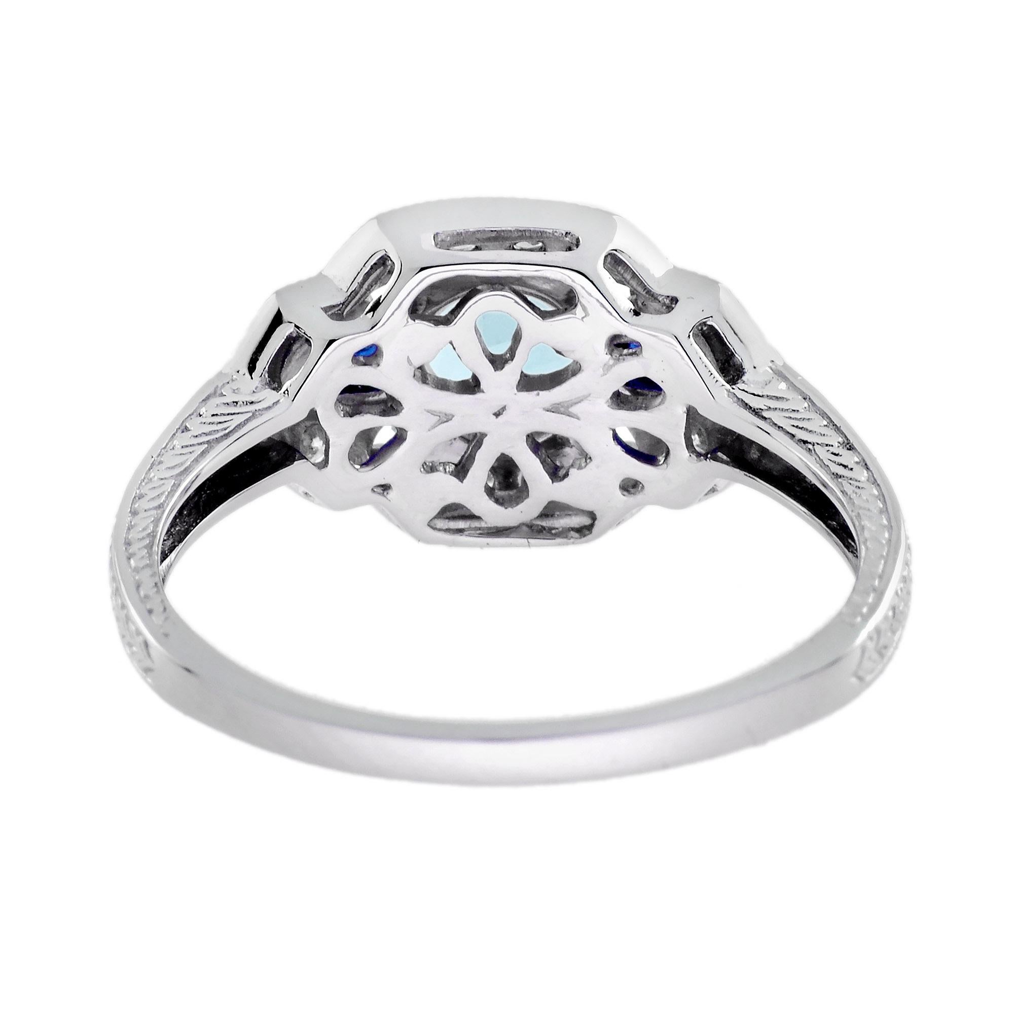 Blauer Aquamarin & Saphir Diamant Weißer Art Deco Stil Weißgold Ring (Art déco) im Angebot