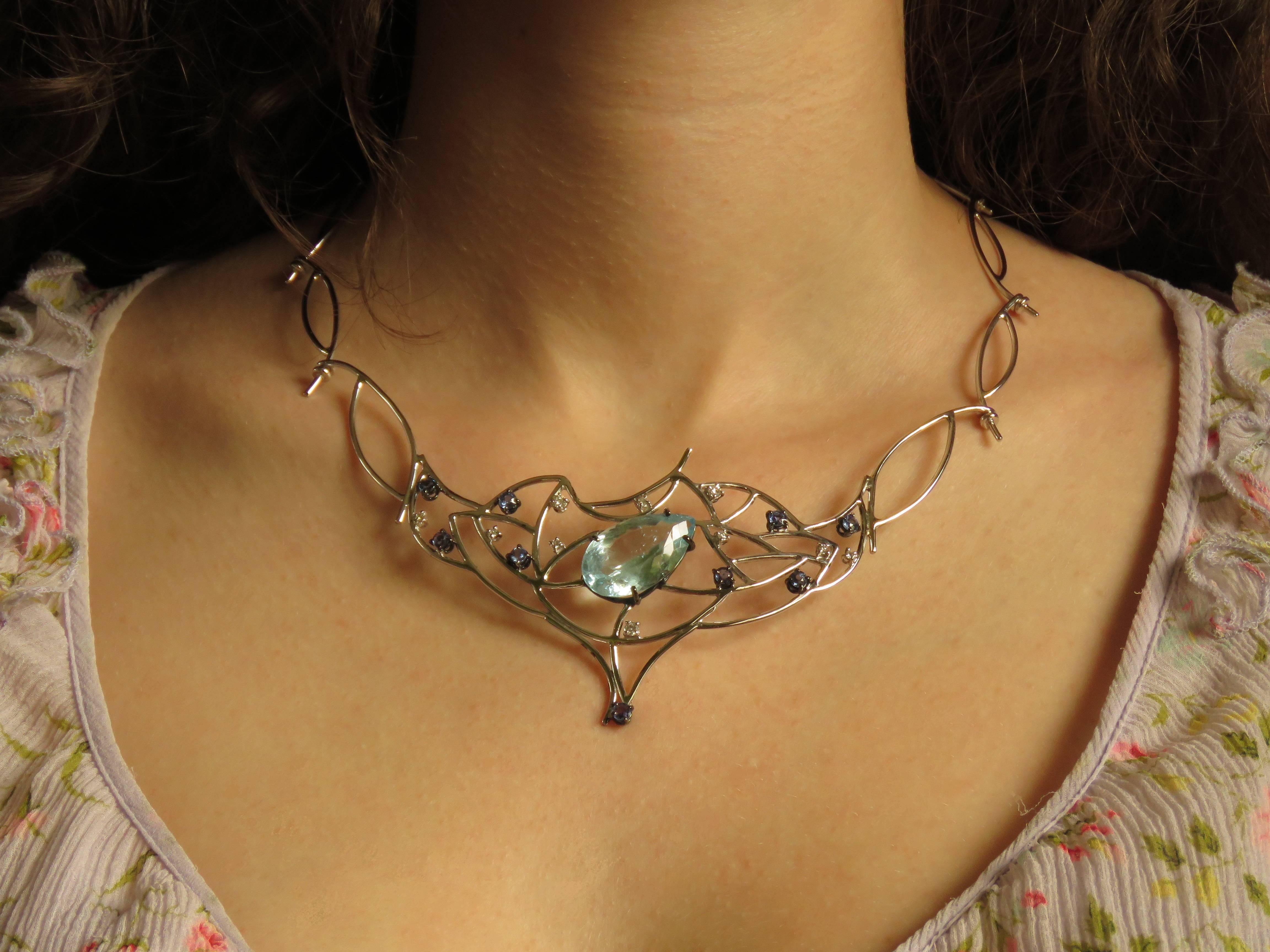 Pear Cut Blue Aquamarine Sapphires Diamonds White Gold Choker Necklace Made In Italy For Sale