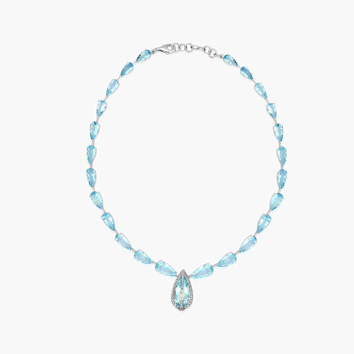 Blue Aquamarine & White Diamond 18K White Gold Princess Bib Gemstone Necklace In New Condition For Sale In Oakton, VA