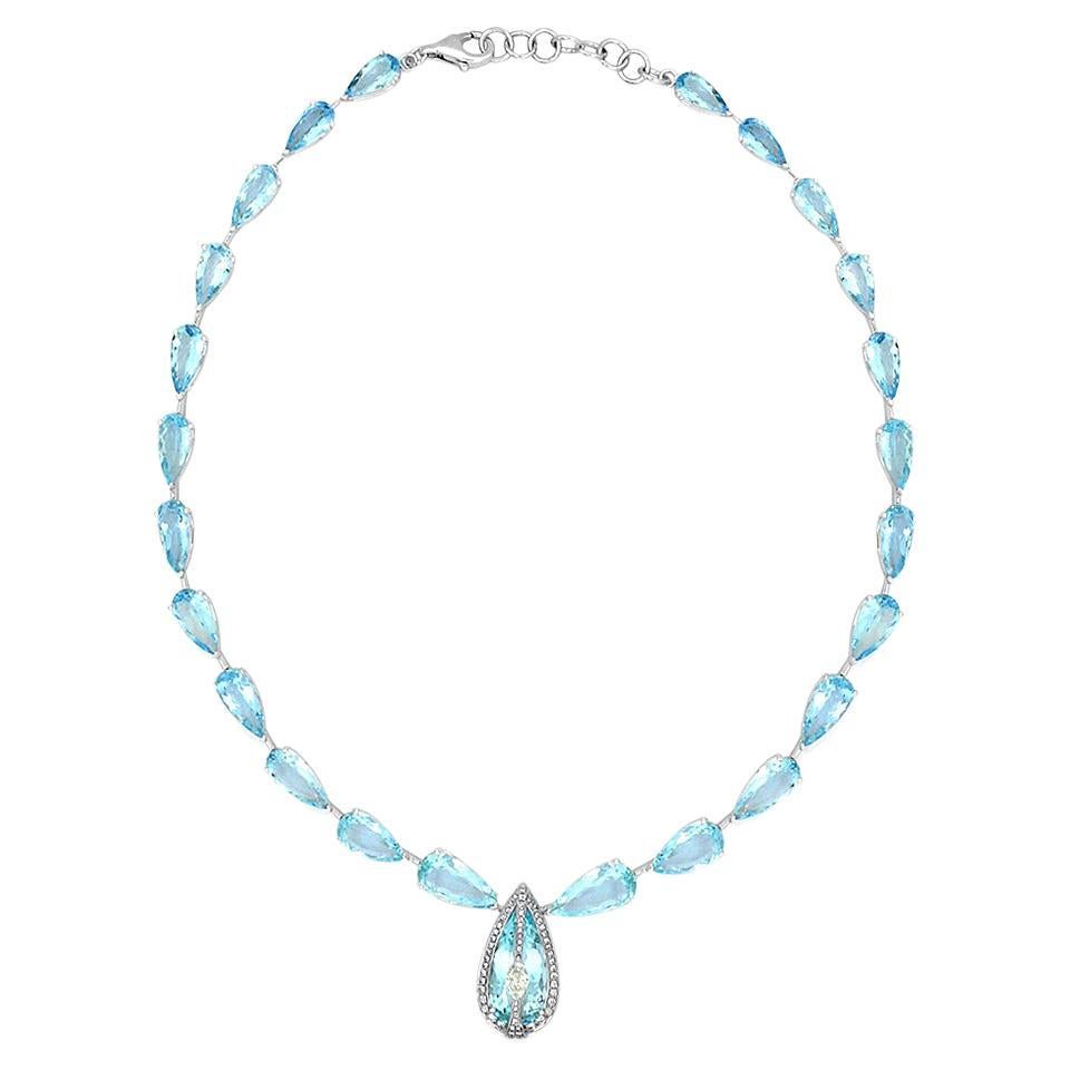 Blue Aquamarine & White Diamond 18K White Gold Princess Bib Gemstone Necklace For Sale