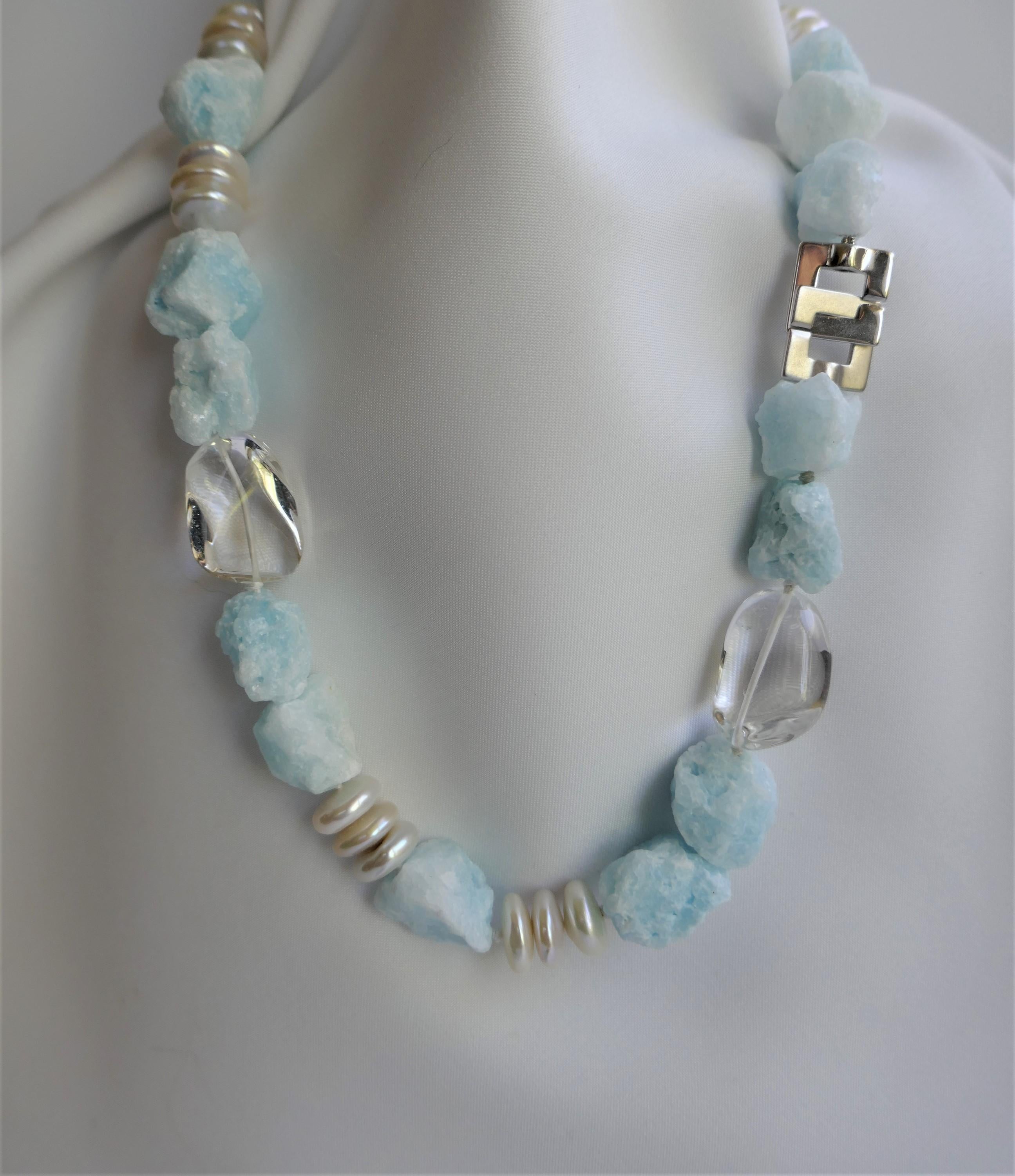 Contemporary Blue Aragonite White Cultured Pearl Rock Crystal Nuggets 925 Silver Necklace For Sale