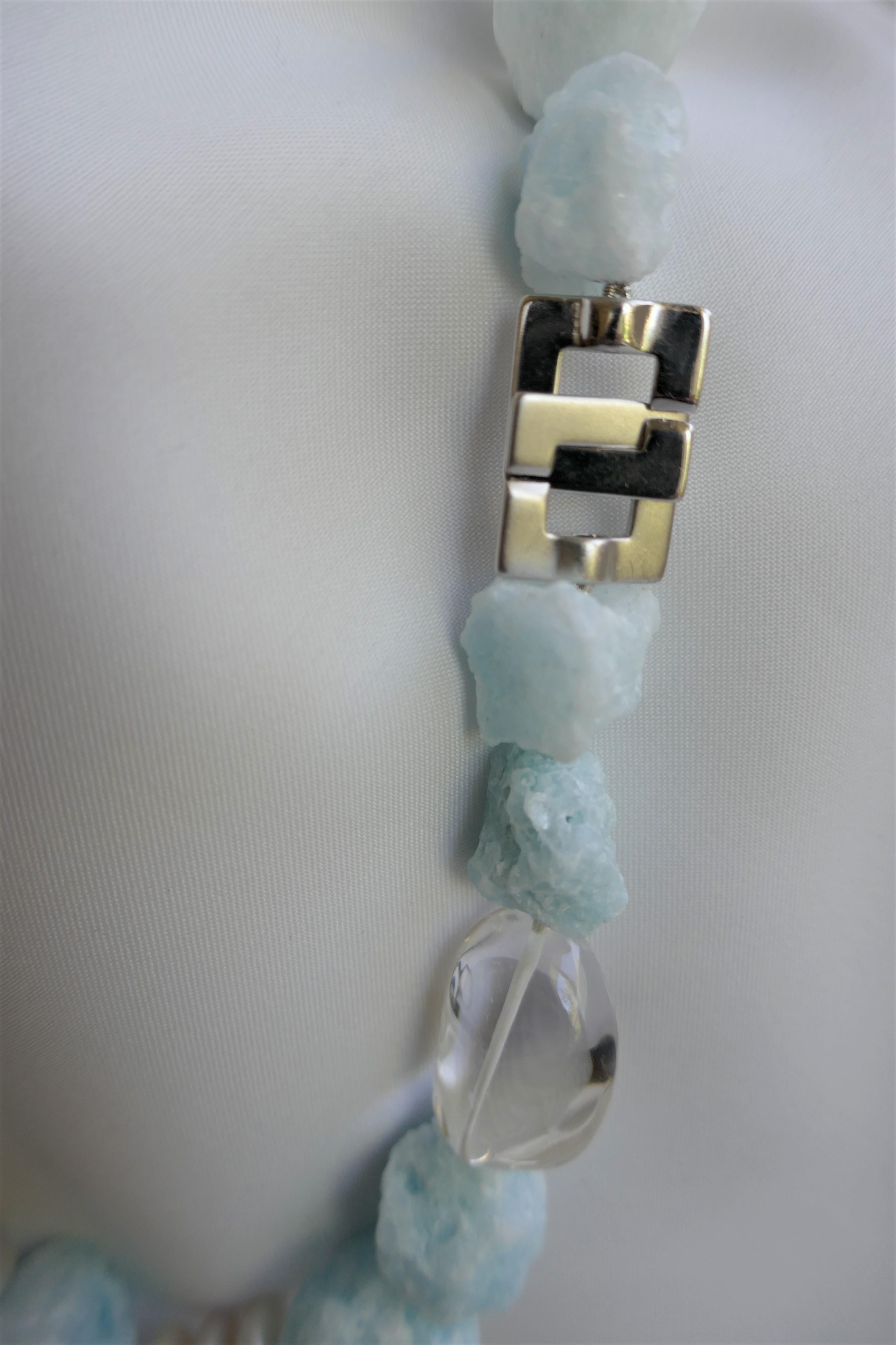 Blue Aragonite White Cultured Pearl Rock Crystal Nuggets 925 Silver Necklace In New Condition For Sale In Coral Gables, FL