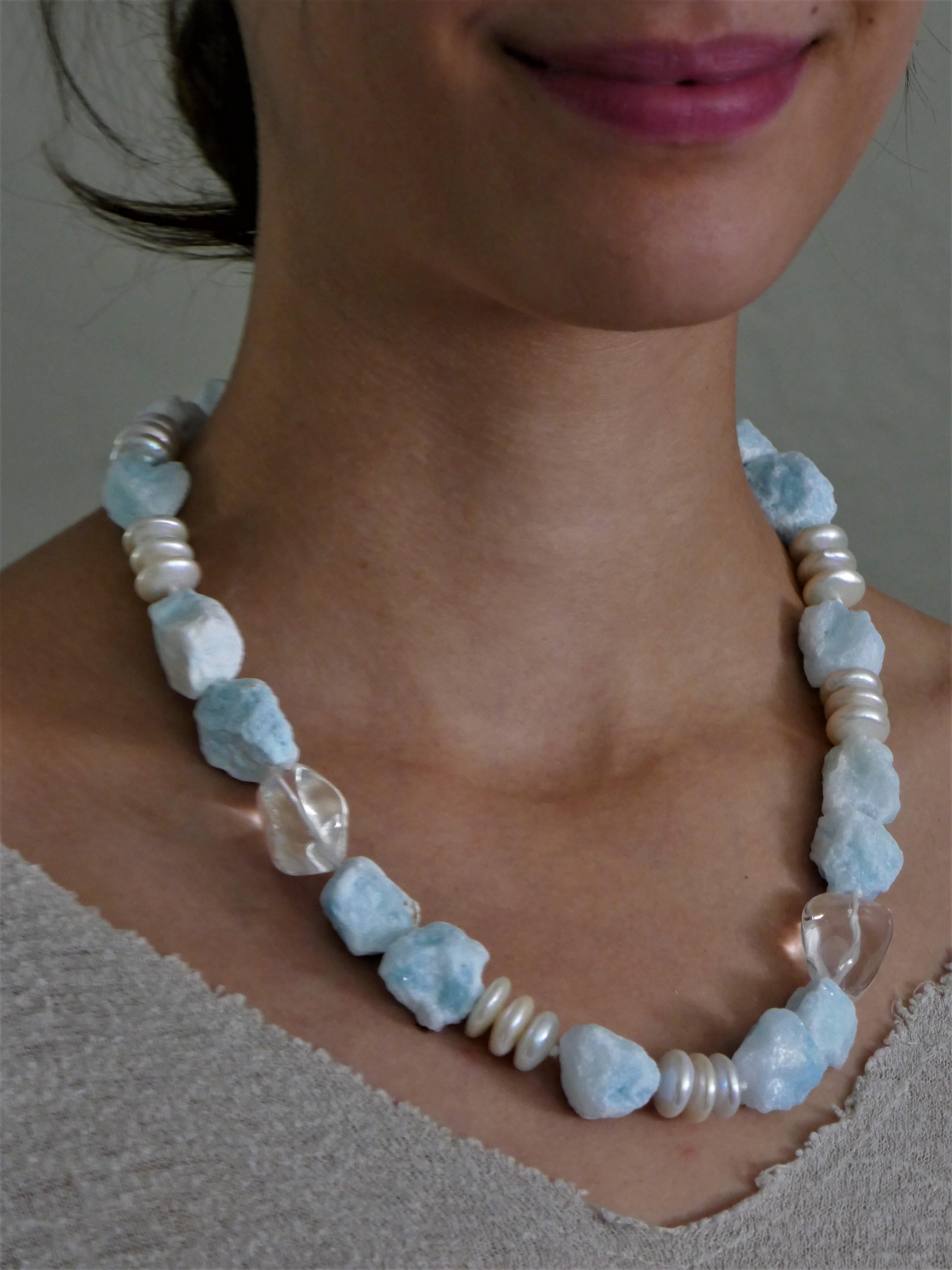 Blue Aragonite White Cultured Pearl Rock Crystal Nuggets 925 Silver Necklace For Sale 2