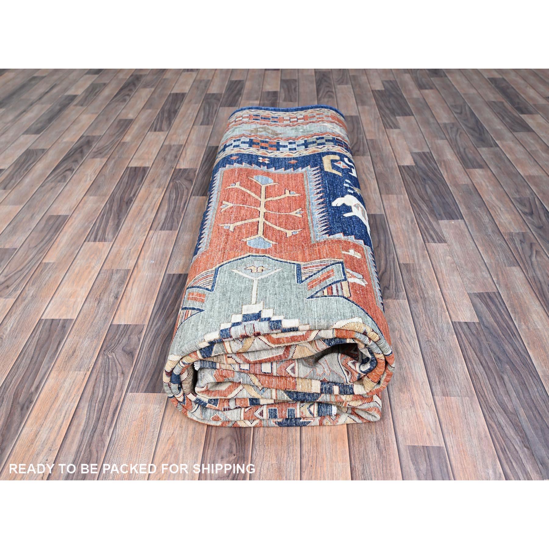 Alfombra azul de lana pura anudada a mano de diseño caucásico inspirado en Armenia 200 KPSI en venta 2
