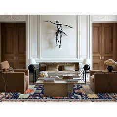 Tappeto blu di ispirazione armena di design caucasico 200 KPSI annodato a mano in pura lana