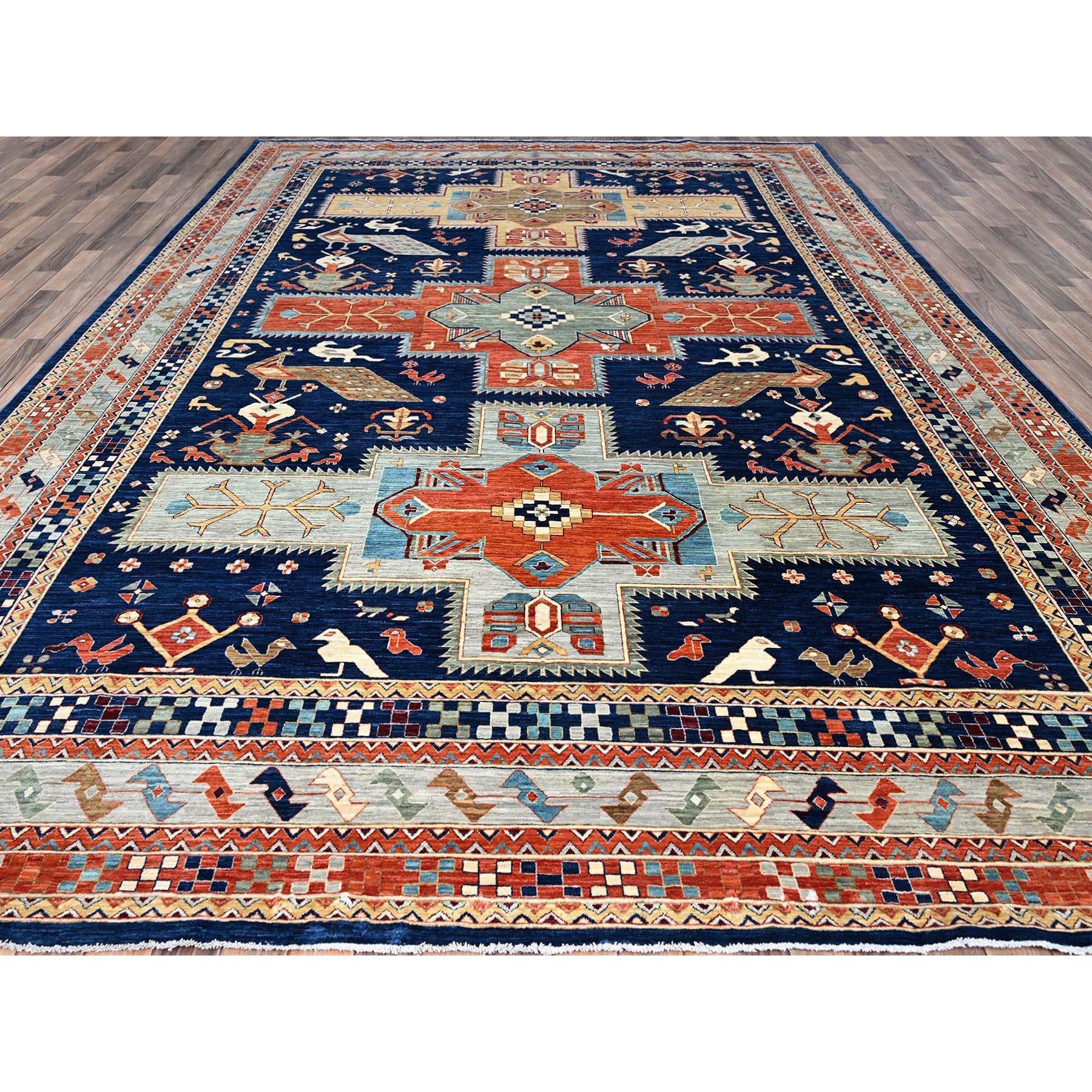 Alfombra azul de lana pura anudada a mano de diseño caucásico inspirado en Armenia 200 KPSI Tribal en venta