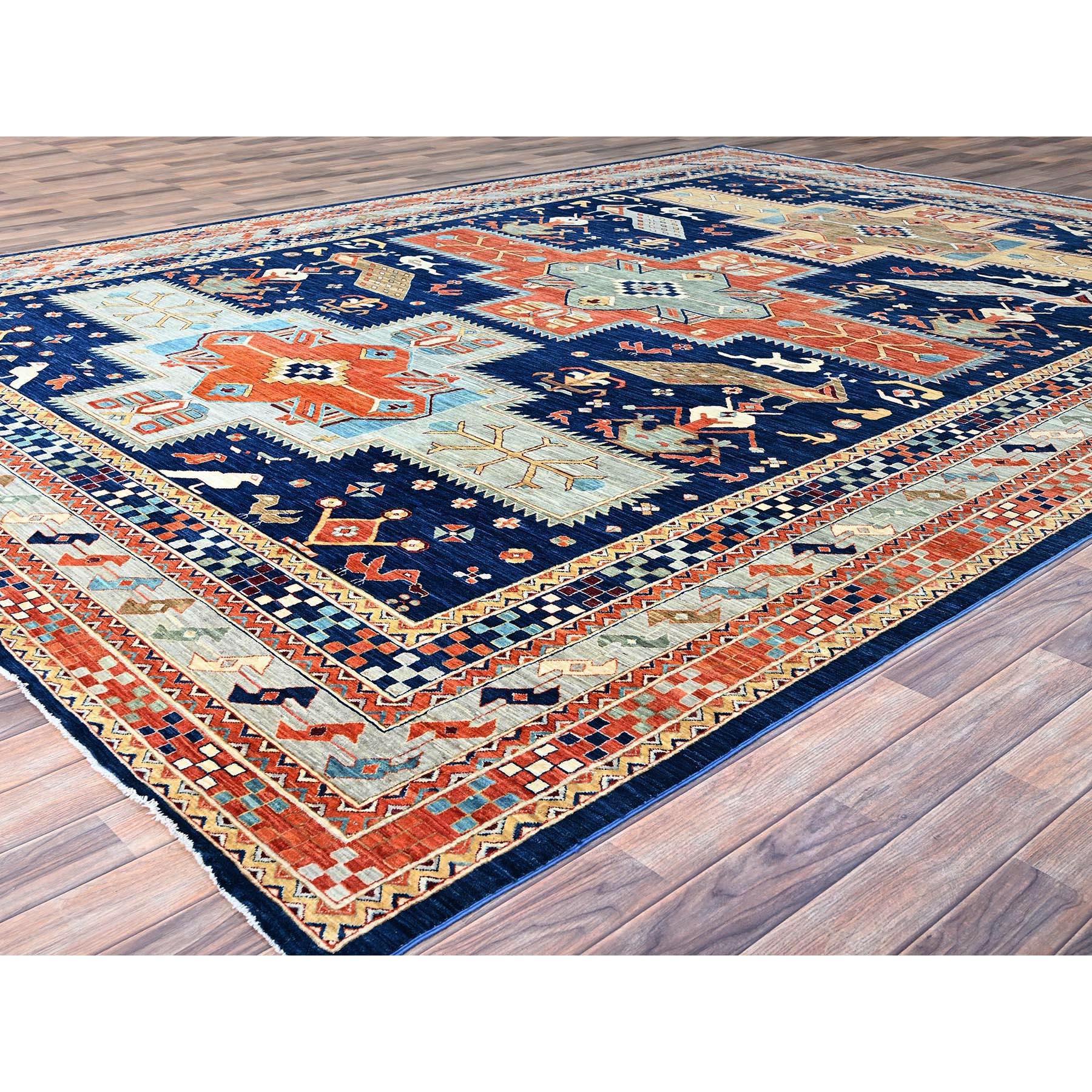 Alfombra azul de lana pura anudada a mano de diseño caucásico inspirado en Armenia 200 KPSI Afgano en venta