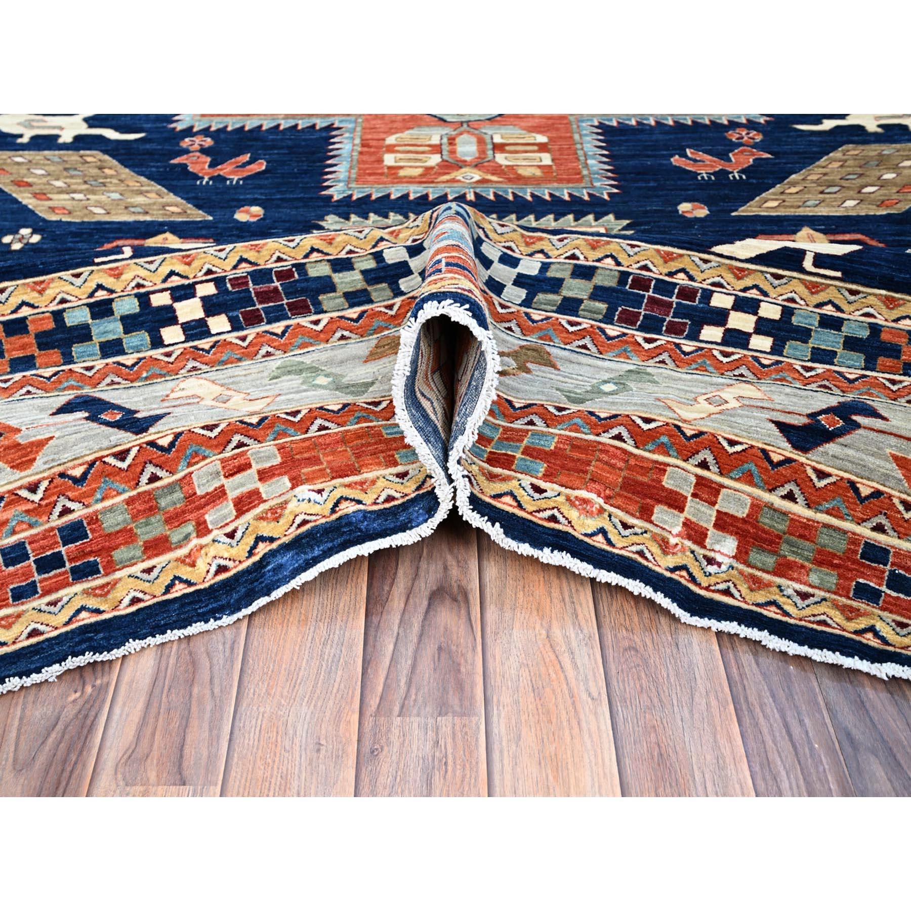 Alfombra azul de lana pura anudada a mano de diseño caucásico inspirado en Armenia 200 KPSI en Nuevo estado para la venta en Carlstadt, NJ