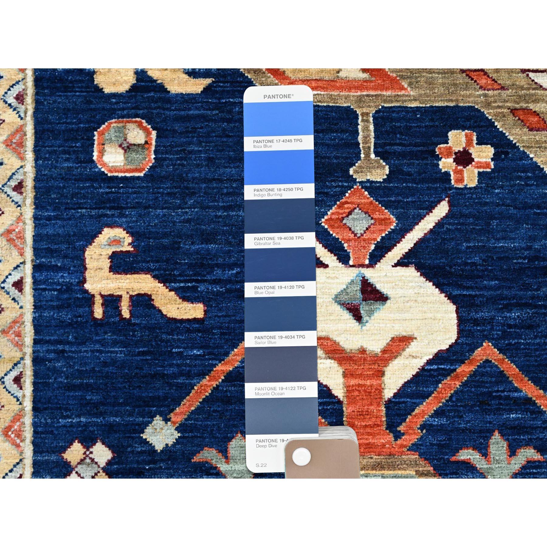 Alfombra azul de lana pura anudada a mano de diseño caucásico inspirado en Armenia 200 KPSI Lana en venta