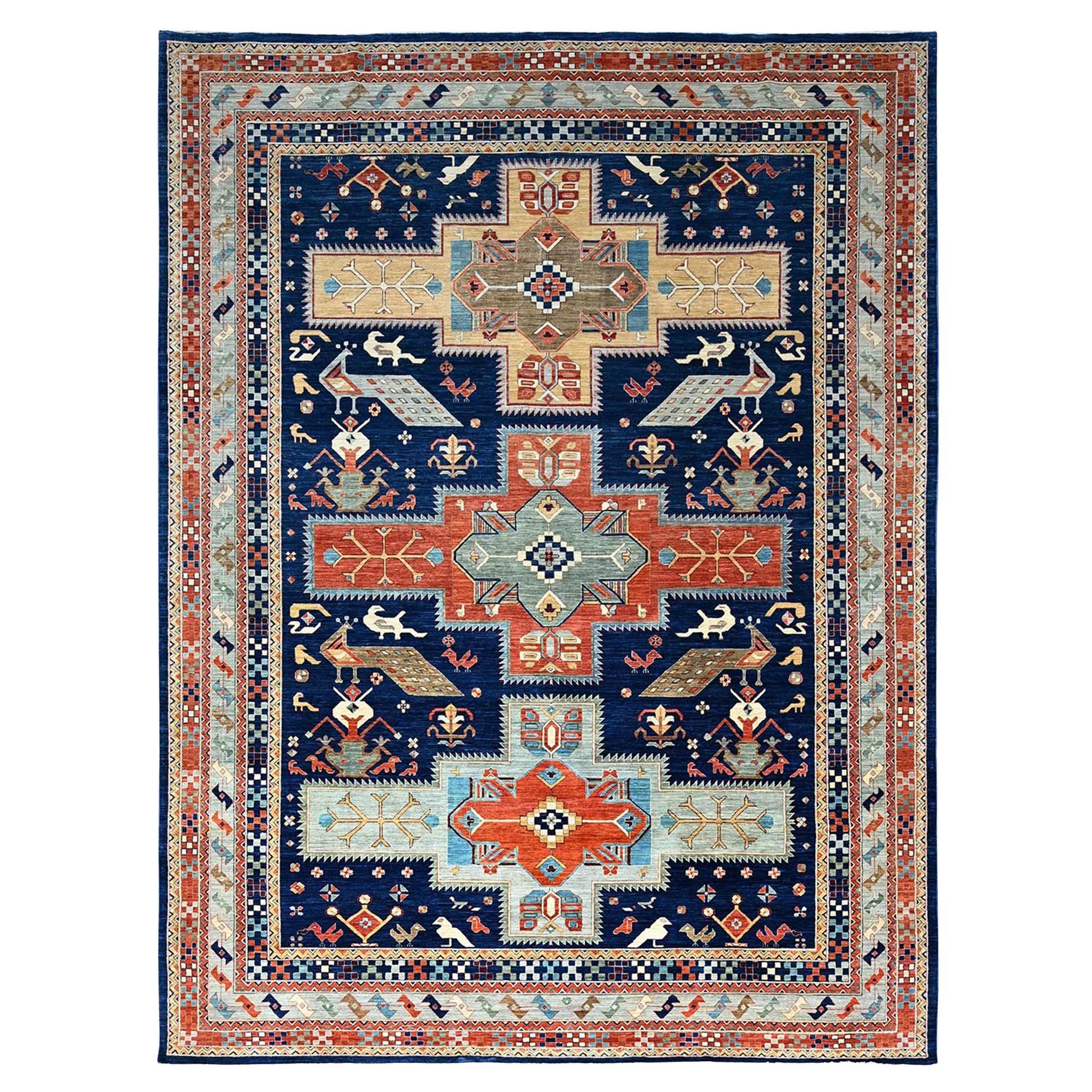 Blue Armenian Inspired Caucasian Design 200 KPSI Hand Knotted Pure Wool Rug