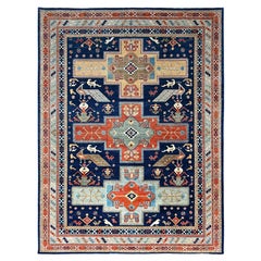 Blue Armenian Inspired Caucasian Design 200 KPSI Hand Knotted Pure Wool Rug