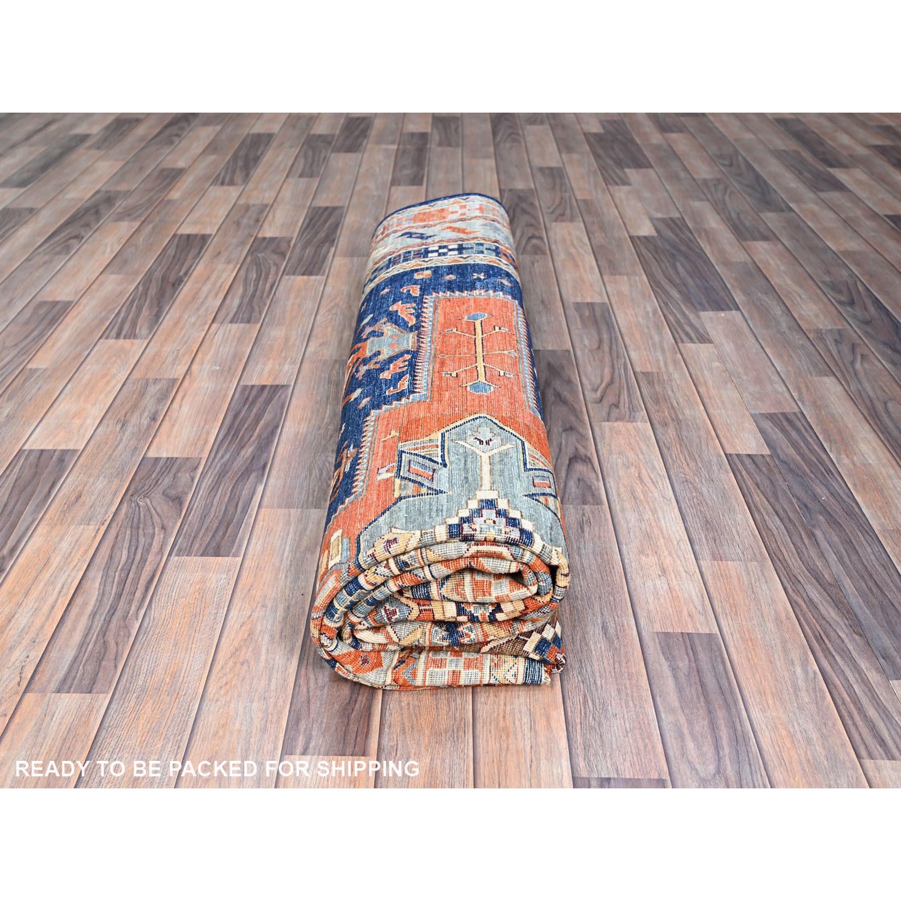 Blue Armenian Inspired Caucasian Design Hand Knotted All Wool Square Rug 8' x 8' For Sale 3