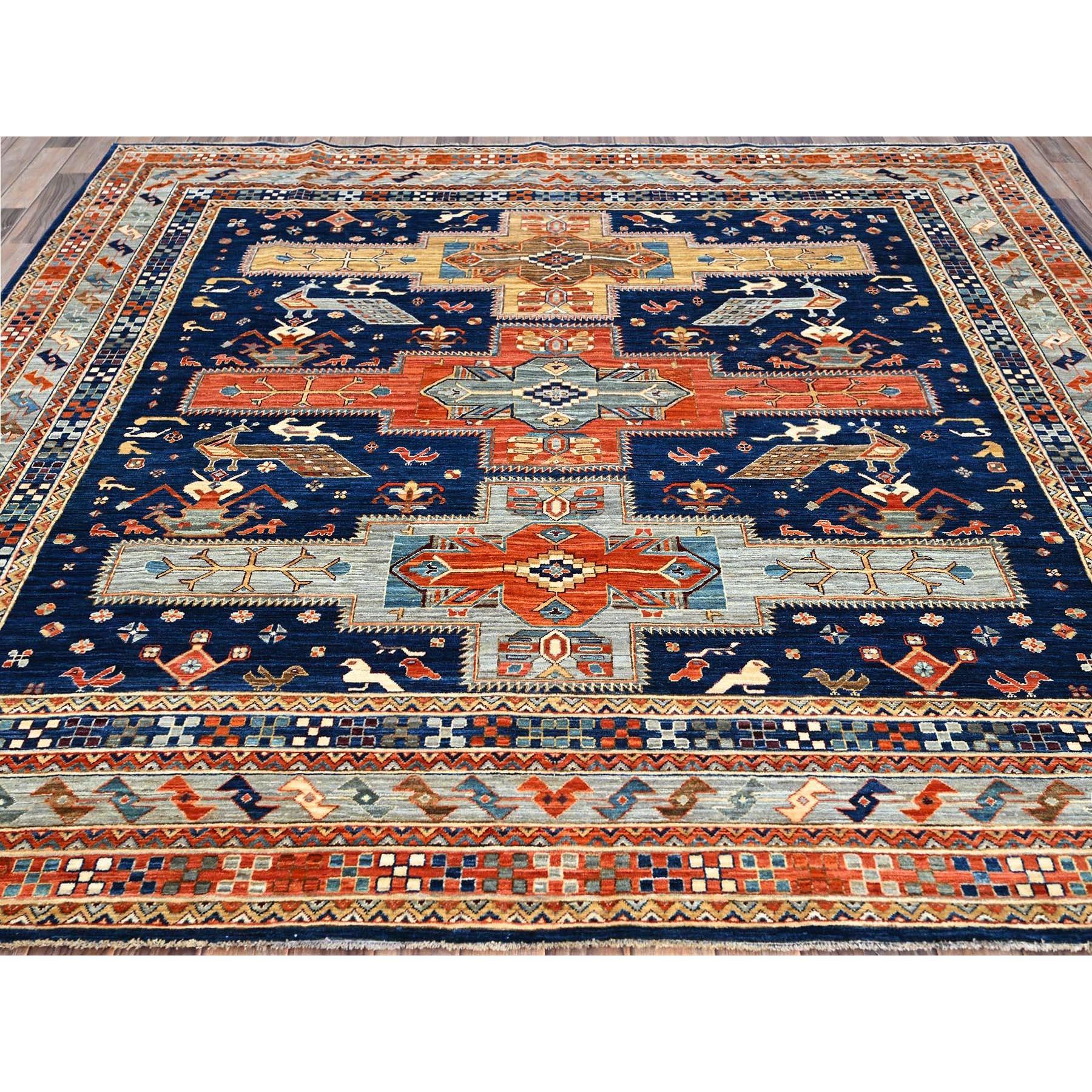 Medieval Blue Armenian Inspired Caucasian Design Hand Knotted All Wool Square Rug 8' x 8' For Sale