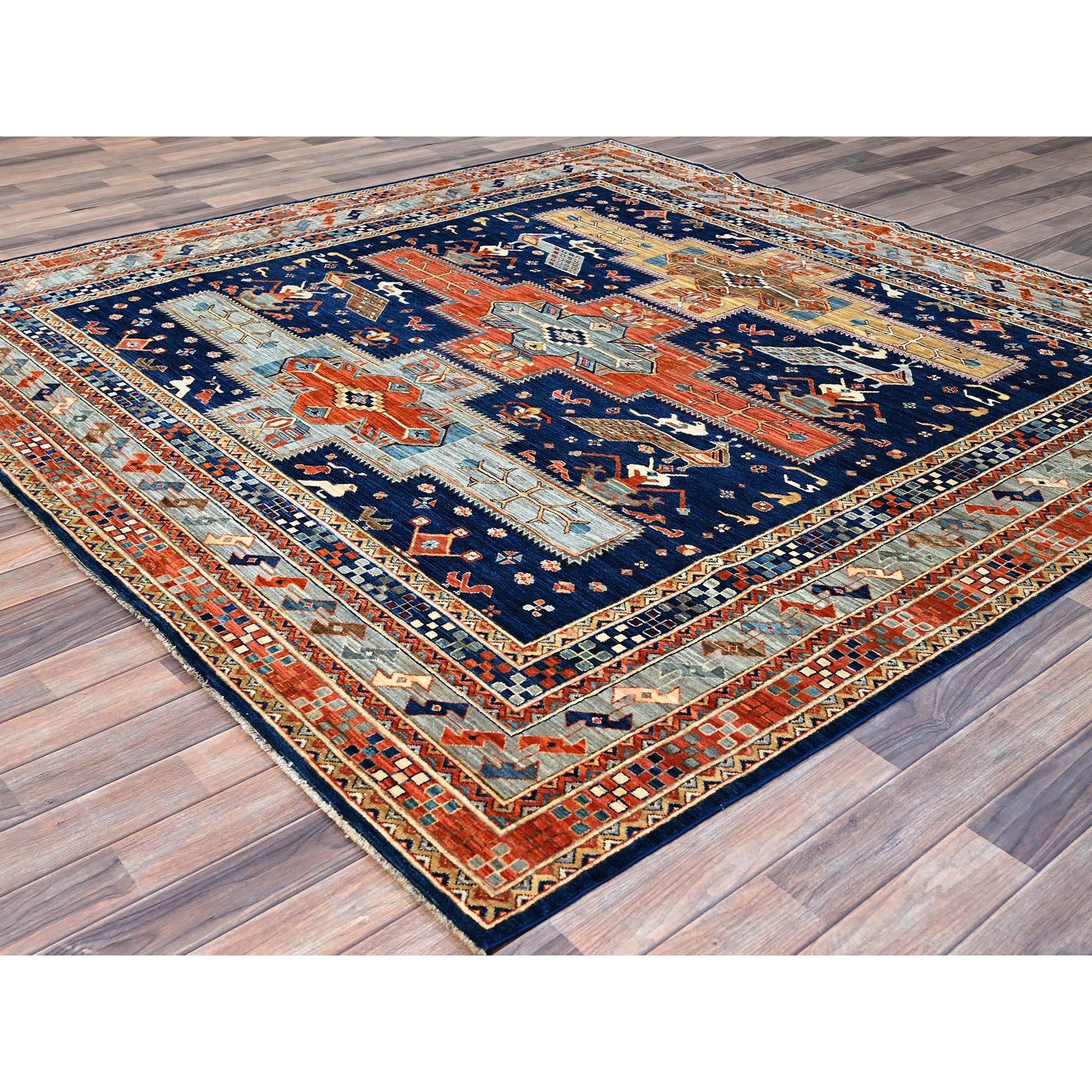 Afghan Blue Armenian Inspired Caucasian Design Hand Knotted All Wool Square Rug 8' x 8' For Sale