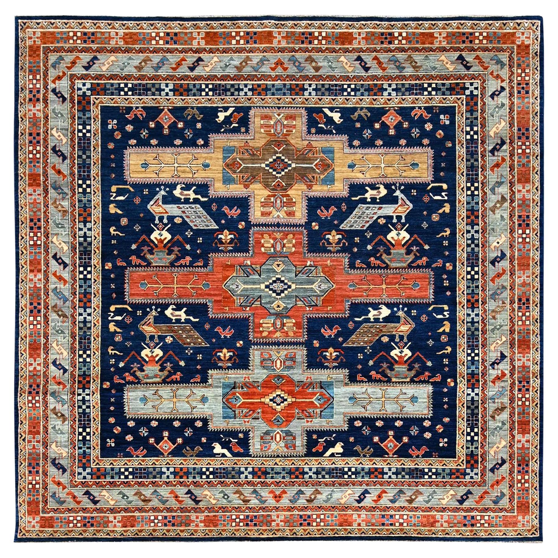 Blue Armenian Inspired Caucasian Design Hand Knotted All Wool Square Rug 8' x 8'