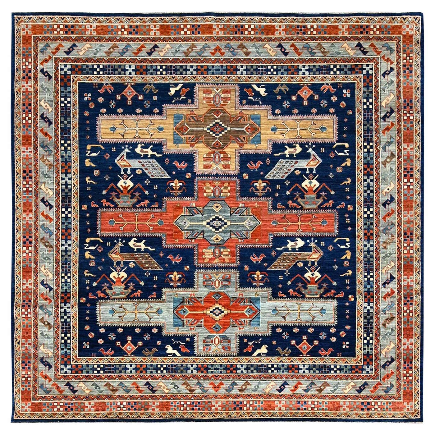 Blue Armenian Inspired Caucasian Design Hand Knotted All Wool Square ...