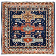 Blue Armenian Inspired Caucasian Design Hand Knotted All Wool Square Rug 8' x 8'