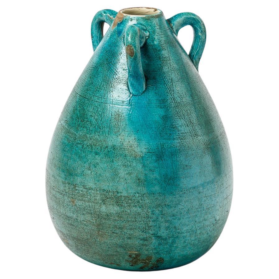 Vase en céramique bleu Art Déco 1930 dans le style de Besnard 20ème siècle design milieu de siècle
