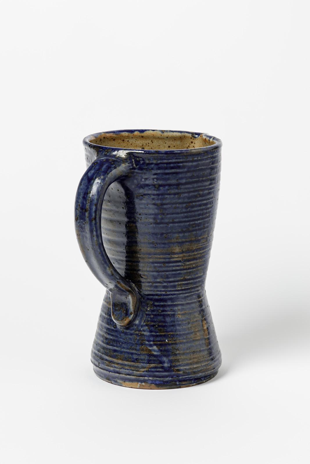 French Blue art deco 1940 ceramic pitcher by Marius Bernon La Borne decorative art  For Sale
