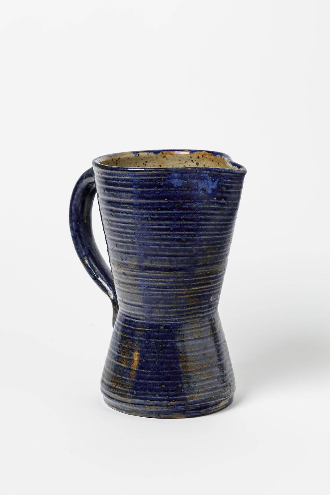 French Blue art deco 1940 ceramic pitcher by Marius Bernon La Borne decorative art  For Sale
