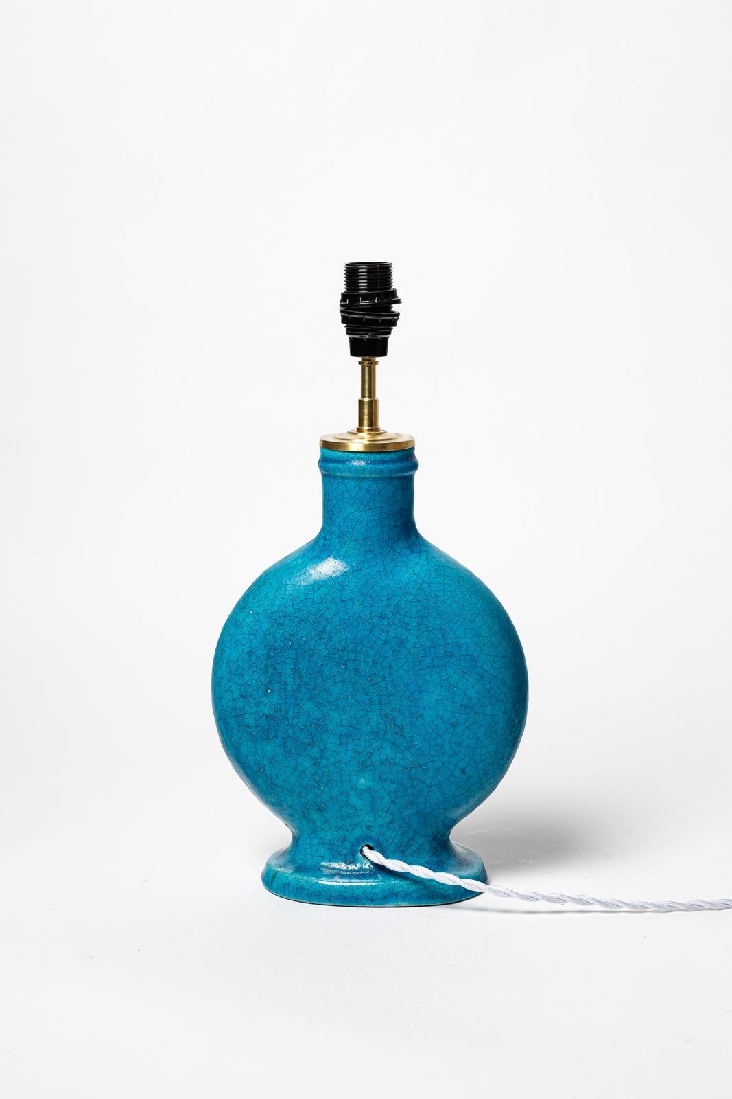 Français lampe à poser art déco bleu du 20e siècle en céramique par  Edmond Lachenal, 1940 en vente